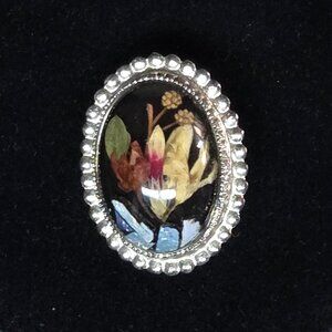 Vintage Pressed Dried Flower Brooch Necklace Pendant Opal Silver Ornate